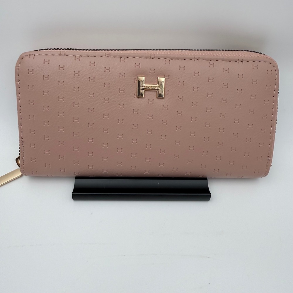 Halston Blush Pink Zip Around Wallet Gold Logo Accordion Organizer EUC